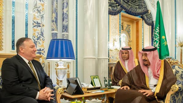 U.S. Secretary of State Mike Pompeo meets with Saudi Arabia’s King Salman bin Abdulaziz at Al Salam Palace in Jeddah