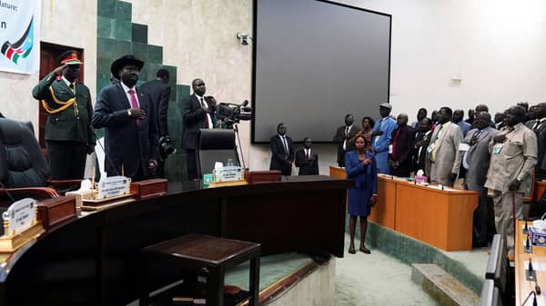 South Sudan President Salva Kiir attends the reopening of the First Session of the Transitional National Legislature, at the Parliament building in Juba