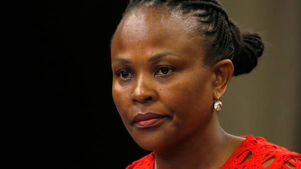 Public Protector Busisiwe Mkhwebane listens during a briefing at Parliament in Cape Town