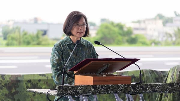 Taiwan President Tsai Ing-wen speaks during the Han Kuang military exercise simulating China’s People’s Liberation Army (PLA) invasion of the island, in Changhua