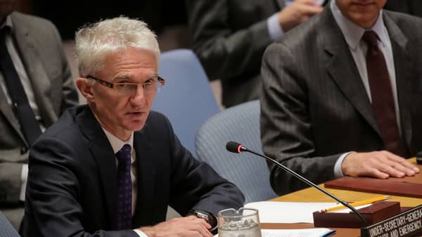 U. N. Under-Secretary-General for Humanitarian Affairs and Emergency Relief Coordinator (OCHA) Mark Lowcock, addresses the United Nations Security Council at U.N. headquarters in New York