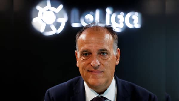 La Liga President Javier Tebas poses during an interview with Reuters at the La Liga headquarters in Madrid