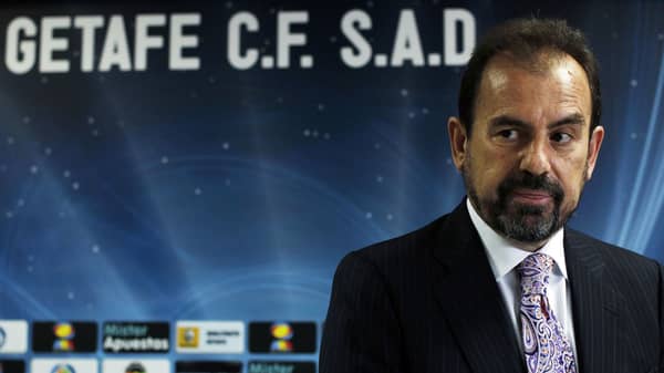Getafe president Angel Torres arrives for a news conference at Getafe’s Colisseum Alfonso Perez stadium in Getafe