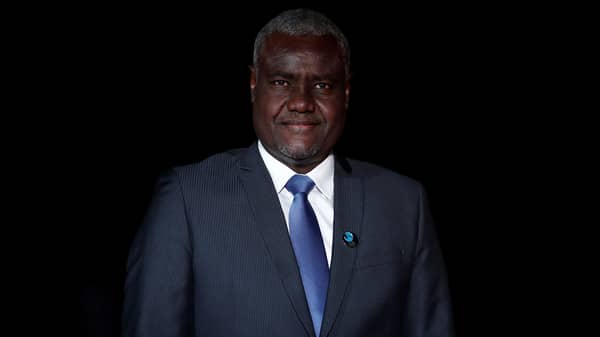 African Union Chairperson Moussa Faki Mahamat arrives to attend a visit and a dinner at the Orsay Museum in Paris