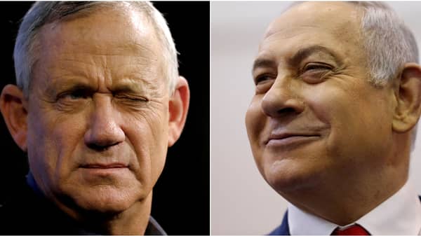 FILE PHOTO: A combination picture shows Benny Gantz (left), leader of Blue and White party, at an election campaign event in Ashkelon, Israel, April 3, 2019, and Israeli Prime Minister Benjamin Netanyahu smiling at a polling station in Jerusalem