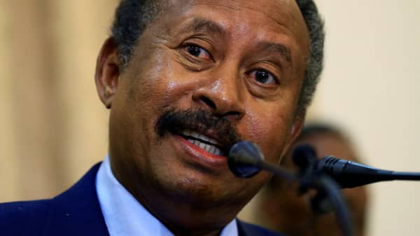 Sudan’s new Prime Minister in the transitional government Abdalla Hamdok, addresses a news conference in Khartoum