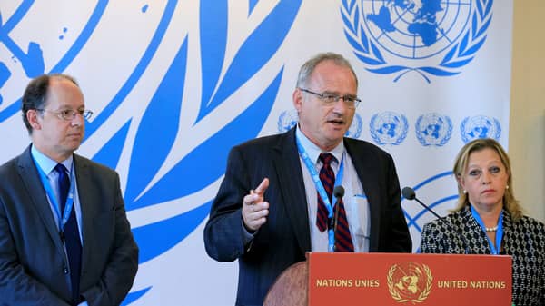 UNIIB independent experts talk to the media during the presentation of a final report by the UNIIB to the Human Rights Council at the United Nations in Geneva 2