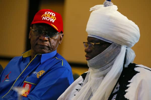 Chairman Nigeria National PolioPlus Committee of Rotary International, Dr. Tunji Funsho and Emir of Jiwa HRH Idris Musa are seen during a news conference marking the 3-year-polio-free milestone in Abuja