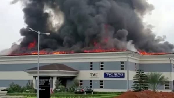 Roof of TVC television station in flames in Lagos