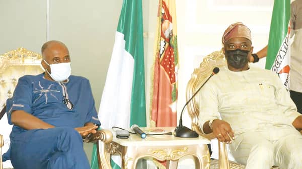 Minister of Transportation, Rotimi Amaechi (left) and Governor, Oyo State, Seyi Makinde, during the inspection of Inland Dry Port in Moniya, Oyo State.