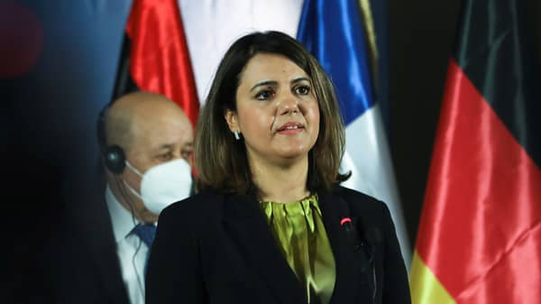 Libyan Foreign Minister Najla el-Mangoush speaks as she delivers a joint statement with French Foreign Minister Jean-Yves Le Drian, German Foreign Minister Heiko Maas and Italian Foreign Minister Luigi Di Maio in Tripoli