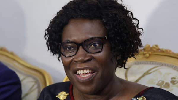 Simone Gbagbo, wife of former Ivory Coast President Laurent Gbagbo, reacts at their residence in Abidjan’s Cocody neighborhood