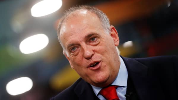 La Liga President Javier Tebas speaks during an online interview with Reuters at the La Liga headquarters in Madrid