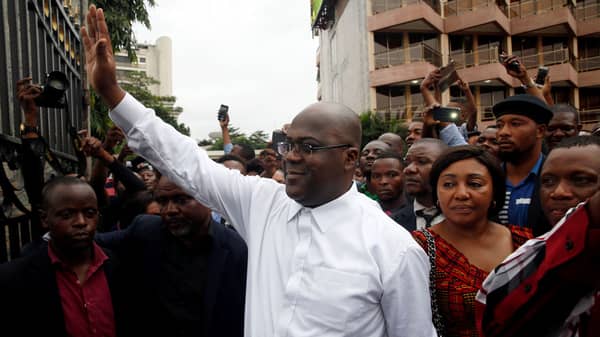 Felix Tshisekedi, leader of the Congolese main opposition party, the Union for Democracy and Social Progress who was announced as the winner of the presidential elections gestures to his supporters in Kinshasa