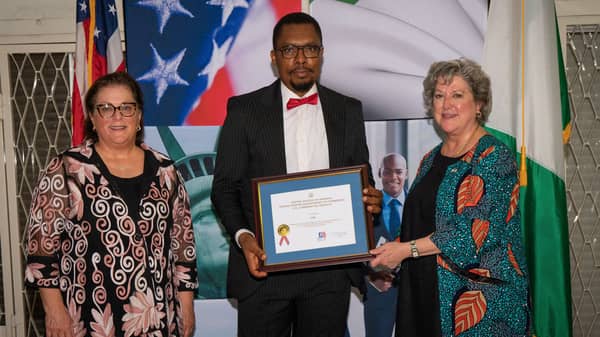 L to R U.S. Consul General Claire Pierangelo_ Senior Manager, Legal and Regulatory, ATC Nigeria, Ehize Ilozavbie_ with Ambassador Mary Beth Leonard during the CID reception in Lagos
