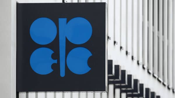 The OPEC logo is pictured on the wall of the new OPEC headquarters in Vienna