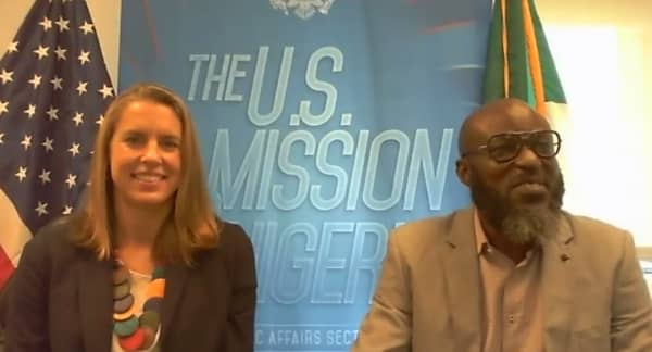 Deputy Public Affairs Officer Jennifer Foltz and Cultural Affairs Specialist Ibrahim Aliyu during the virtual welcome ceremony of the 4th U.S. AWE Program