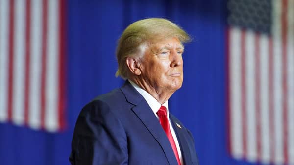 Former U.S. President Donald Trump holds a rally in Warren