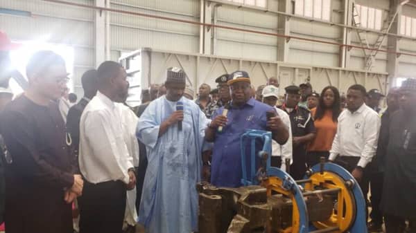 The Minister of Transportation, Sen. Saidu Alkali, the Managing Director Railway, Mr Fidet Okhiria during the minister’s visit to Wagon Assembly Station at Kajola on Tuesday