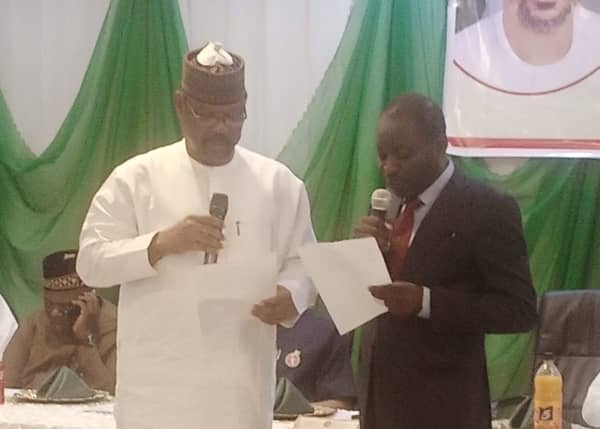 New Chairman of BON, Mr Salihu Dembos (First left) taking the oath of office on Wednesday in Abuja