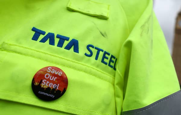 British steel industry workers protest outside of the Houses of Parliament in London