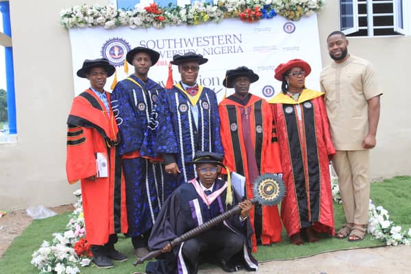 Deputy Vice Chancellor (DVC), Dr Arikewuyo (left)_ Pro Chancellor, Tosin Odufuwa_ Chancellor, Engr Babatunde Odufuwa_ Vice Chancellor, Prof Amusa_ Ag. Registrar, Ms Adelana and Mr Benjamin Odufuwa at the co