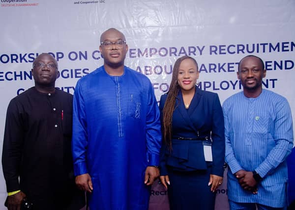 Iteamagbo E. A., Lagos Controller Federal Ministry of Labour and Employment (left); Barr. Thompson Akpabio, Director Legal. Regulatory and Taxation, Nigeria Employers Consultative Association (NECA); Aisha Dirisu, National Project Coordinator, SEESIN Project, ILO Nigeria and Mr Jide Afolabi, Executive Secretary, EPEAN, at a two-day capacity-building workshop for Employment Service Providers (ESPs) in Lagos.
