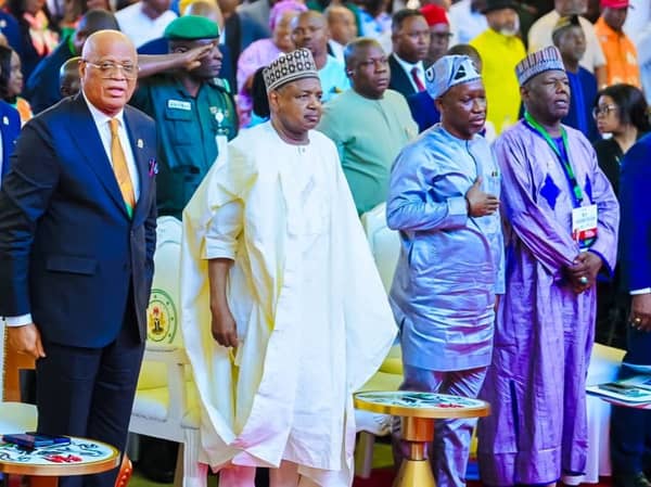 Governor Umo Eno of Akwa Ibom State, Alhaji Abubakar Atiku Bagudu, Minister of Budget & Planning,   Hon. Ekperikpe Ekpo, Minister of State Petroleum ( Gas), & Representative of Nigerian Governors Forum, Prof. Abba Gambo.