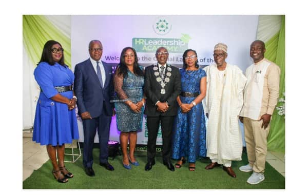 Registrar/Chief Executive, Oluwatoyin Naiwo (left); Past President and Keynote Speaker, Dr Abiola Popoola; National Treasurer, Ogochukwu Egbuonu; President and Chairman of the Governing Council, Ladan Gobir; Vice President, Chidinma Obiejesi; Past President and Chairman of the Occasion, Victor Eburajolo and Immediate Past President, Olusegun Mojeed, all of the Chartered Institute of Personnel Management (CIPM) at the launch of the CIPM HR Leadership Academy in Lagos.