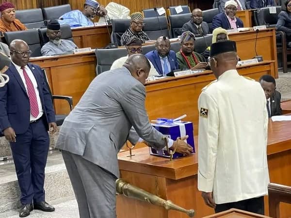 Governor Bassey Otu laying the 2026 Cross River State Appropriation Bill before the state House of Assembly on Tuesday in Calabar