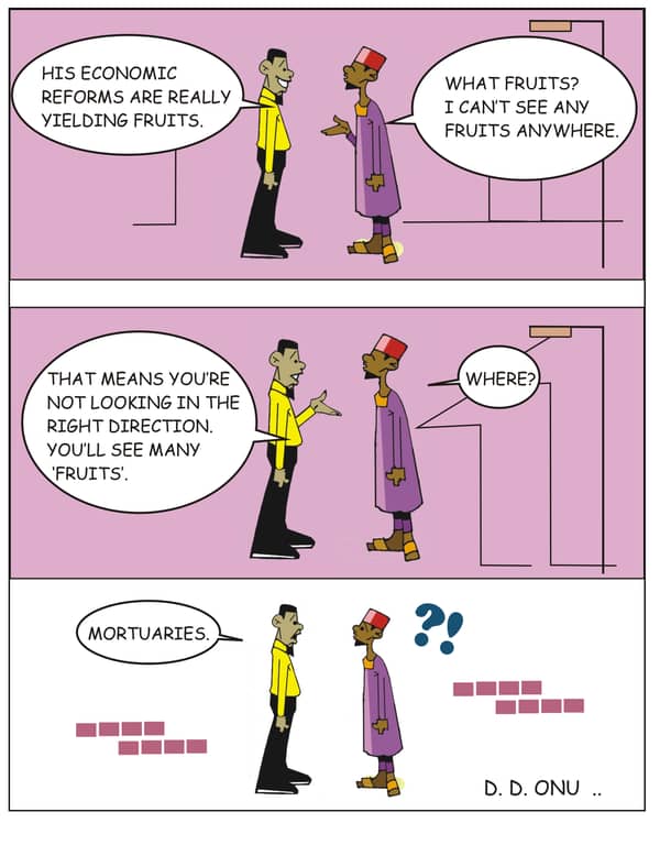 This is a political cartoon by D. D. Onu, a cartoonist for The Guardian Nigeria.