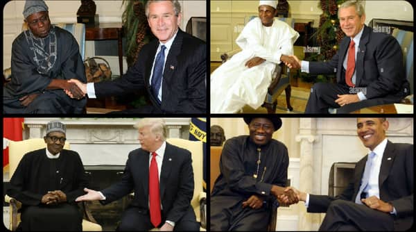 A photo grid of past Nigerian presidents meeting with US-Presidents. Photo: @ADCVanguard X