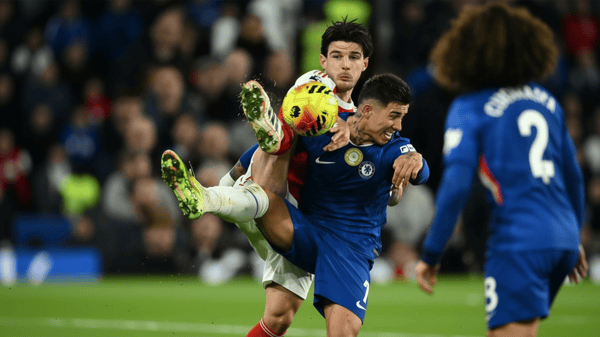 Arsenal’s English midfielder #41 Declan Rice vies with Chelsea’s Argentinian midfielder #08 Enzo Fernandez