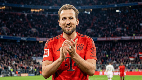 Bayern Munich’s English forward #09 Harry Kane reacts during the German first division Bundesliga football match between FC Bayern Munich and VfL Wolfsburg in Munich, southern Germany, on January 18, 2025. (Photo by LUKAS BARTH-TUTTAS / AFP) / DFL REGULATIONS PROHIBIT ANY USE OF PHOTOGRAPHS AS IMAGE SEQUENCES AND/OR QUASI-VIDEO