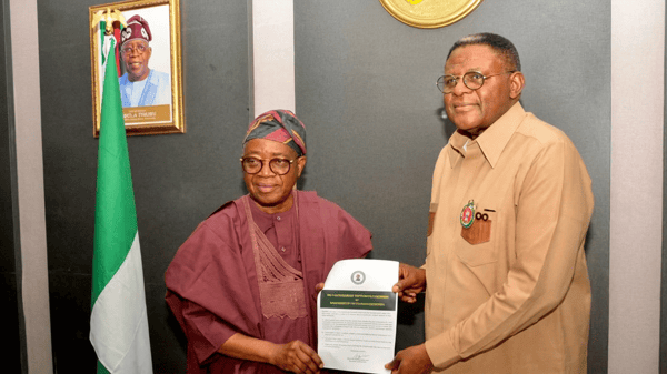 Cross River State Governor, Bassey Otu,receives the Bakassi Deep Seaport compliance certificate from the Minister of Marine and Blue Economy, Adegboyega Oyetola