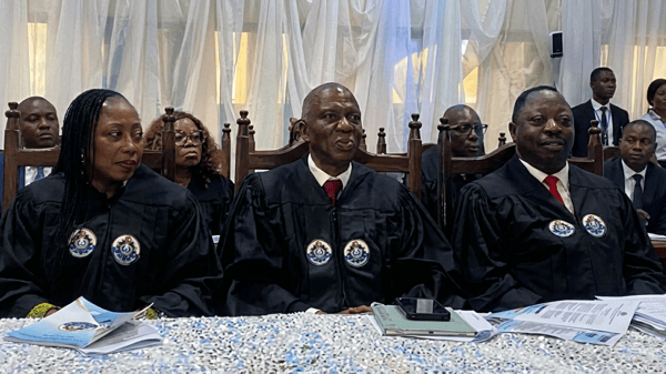 Deputy Vice Chancellor (DVC) (Administration), Prof Basirat Oladipupo (left); Vice Chancellor (VC), Prof. Olumuyiwa Odusanya and DVC (Academics), Prof Abiodun Denloye at the LASUSTECH matriculation ceremony held on Monday.