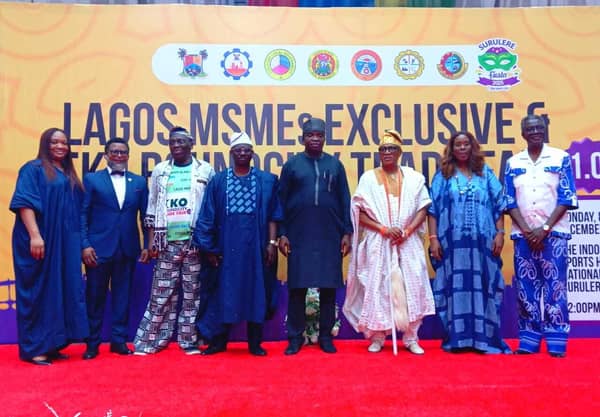 Senior Special Assistant to Governor Babajide Sanwo-Olu on Commerce, Cooperatives, Trade and Investment (CCTI), Mrs Hauwa Adeeyo (left); General Manager, Lagos State Consumer Protection Agency, Mr Afolabi Solebo; Coordinator, Eko Roundcity, Ogboni Foaud Oki; Chairman, Surulere Local Government, Bamidele Yusuf; Representative of Governor Sanwo-Olu/Chairman, House Committee on CCTI, Abiodun Tobun; Onisabe of Igbobi-Sabe and Yaba Kingdom, His Royal Majesty, Oba Owolabi Adeyemi Adeniyi; and Guest Lecturer/Director, Goshen Marbles, Dr. Segun Kuti-George at the opening ceremony of the Lagos MSMEs Exclusive and Eko Roundcity Trade Fair held at Indoors Sports Hall, National Stadium, Surulere on Monday.