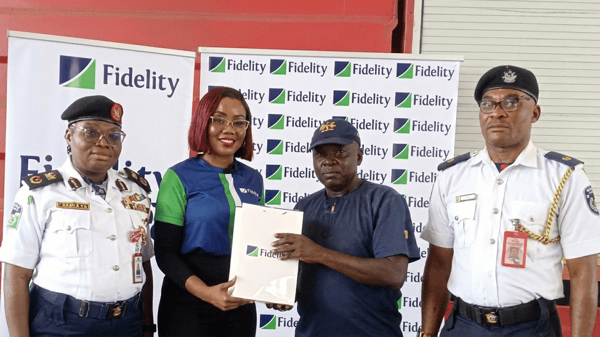 Lagos State Controller, Federal Fire Service, CF (Controller of Fire), Adebayo Funke (left); Marketing Business Partner, Fidelity Bank Plc, Tolulope Rojaiye; Assistant Superintendent of Fire, Ishola Folorunsho Olufemi and Station Commander, Onikan Fire Station, Lagos, Okeke Ferdinand during the donation of firefighting equipment to the Federal Fire Service at Ikoyi, Lagos.