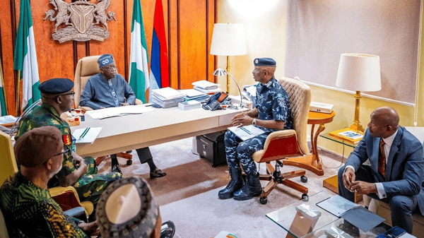 President Bola Tinubu in a high-level security meeting with Nigeria’s top military and intelligence chiefs at the State House, Abuja
