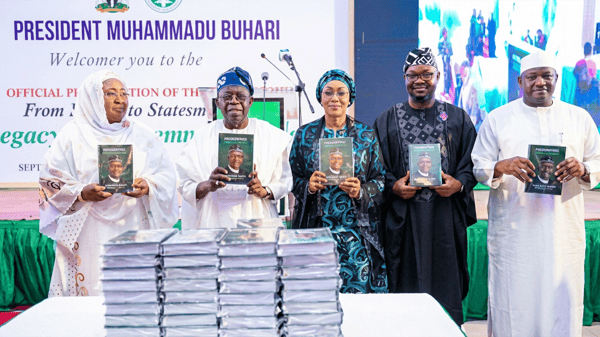 Wife of the late President Muhammadu Buhari, Aisha (left); President Bola Tinubu; his wife, Oluremi Tinubu; the author, Dr Charles Omole and Gambian President, Adama Borrow during the official presentation of the book, ’From Soldier to Statesman: The Legacy of Muhammadu Buhari’ at the Presidential Villa Abuja, yesterday.