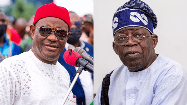 Composite image of Nyesom Wike (left) and President Bola Tinubu (right)