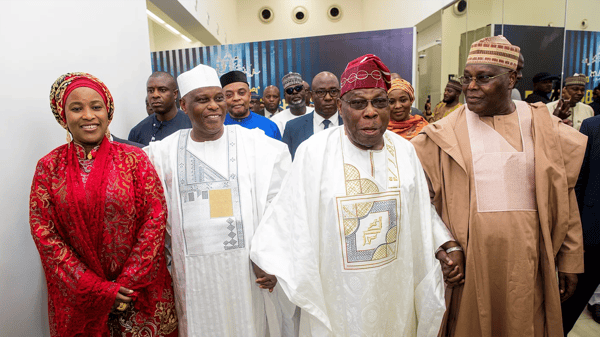 Former President Olusegun Obasanjo and former Vice President Atiku Abubakar at a colloquium in honour of former Speaker of the House of Representatives, Aminu Waziri Tambuwal
