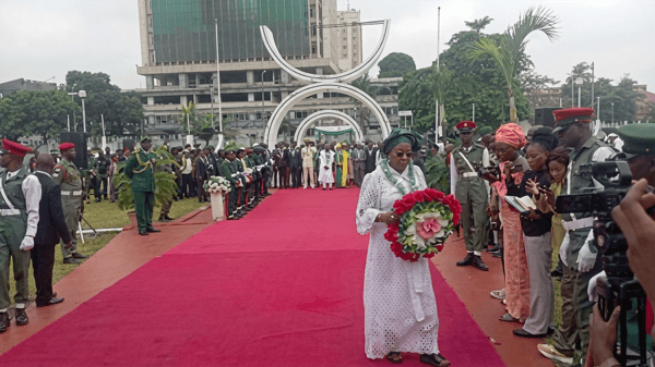 Mrs Amodu during the wreath laying ceremony yesterday.