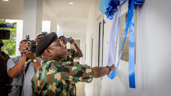 Vice Admiral Idi Abbas unveiling newly constructed Junior Rates Permanent Accommodation Blocks in Calabar