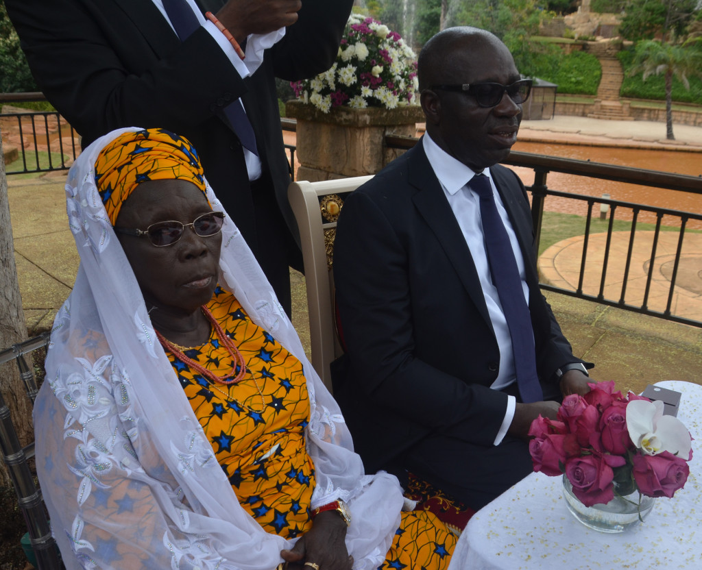 Mother of the groom, Hajia Aishetu Oshiomole and Mr. Godwin Obaseki, Chairman, Edo State Economic Team at the wedding registry