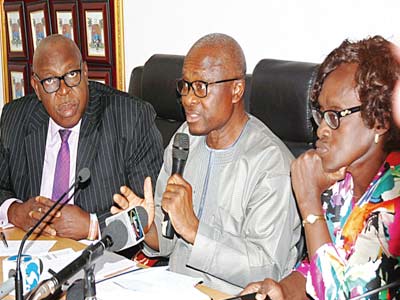 Special adviser on primary health care, Lagos state, Dr. Olufemi Onanuga(left); Commissioner for health, Lagos, Dr Jide Idris; Permanent secretary, Ministry of Health, Lagos, Dr Modele Osunkiyesi at the ministry press briefing in lagos yesterday. PHOTO; SUNDAY AKINLOLU