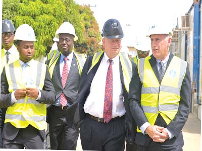 Chief Operating Officer for GE Nigeria, Ahmad Zakari (left); President and Chief Executive Officer, Dr Lazarus Angbazo; the U.S Ambassador to Nigeria, James Entwistle; and General Manager, Supply Chain, GE Africa, Jeffery Sommer, at the site of the GE manufacturing and assembly facility in Calabar.