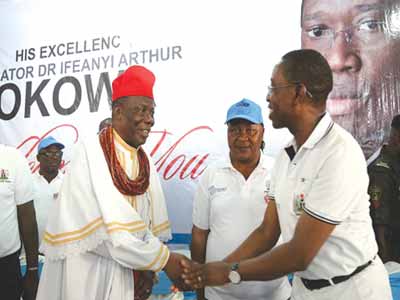 Delta State Governor Ifeanyi Okowa (right) in a handshake with the Orodje of Okpe, Orhue 1, while Speaker of the state House of Assembly, Mr. Monday Igbuya watches during the passing-out ceremony of Delta State Youth Agricultural Entrepreneurs Programme (YAGEP) Skills Training & Entrepreneurship Programme (STEP), during their passing-out ceremony at Songhai-Delta, Amukpe in Sapele Council… recently.   