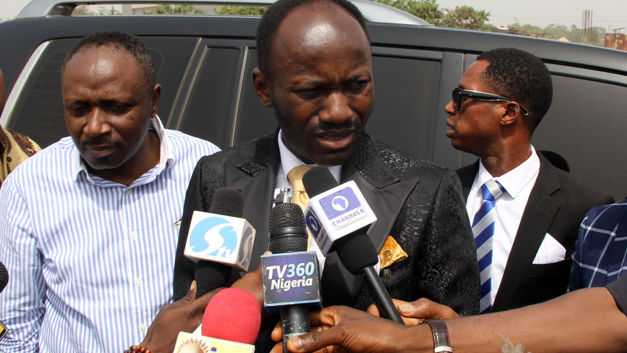 President, Omega Fire Ministry, Apostle Johnson Suleiman addressing journalists  on his way to honour an invitation of the Department of State Services (DSS) in Abuja …yesterday.                                                                                   PHOTO: LUCY LADIDI ELUKPO.