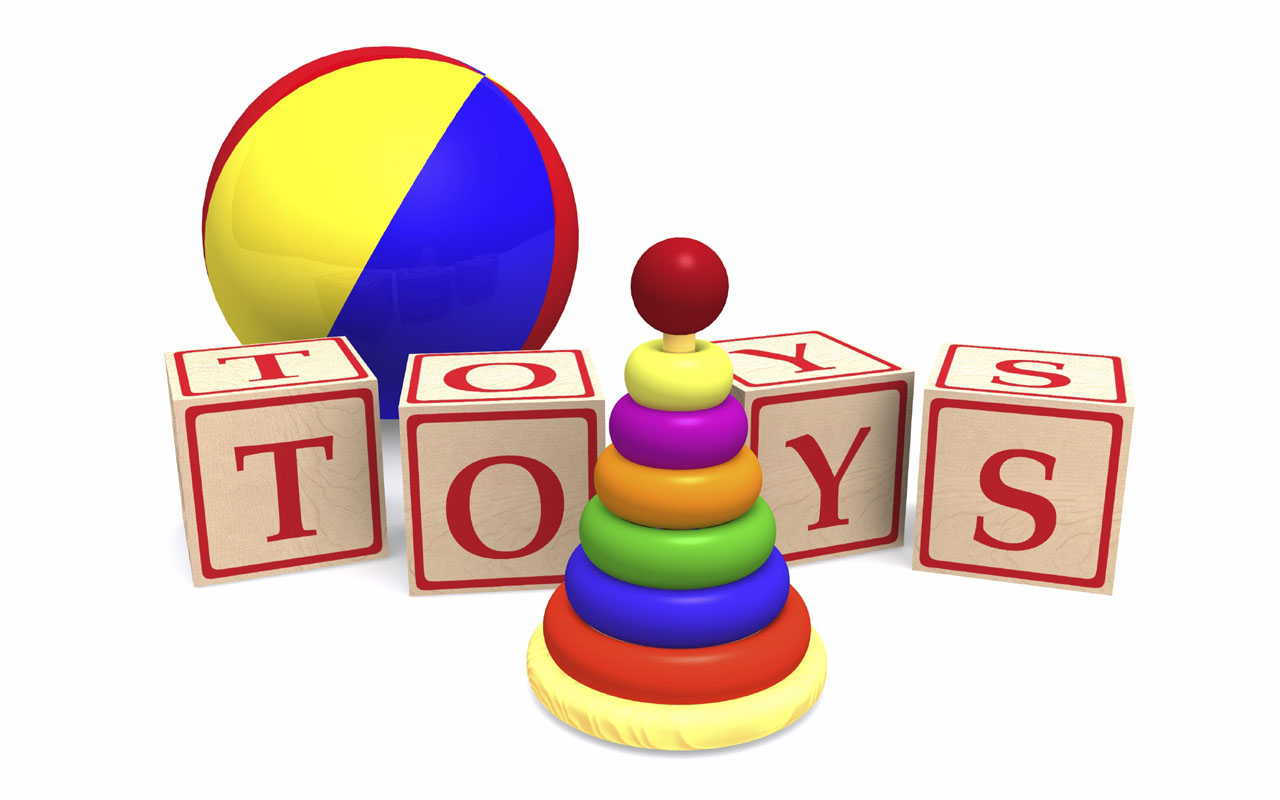 Rendering of simple children's toys. Wooden alphabet cubes spelling word toys, wooden pyramid puzzle and a colorful ball. PHOTO: MUSKOKA411